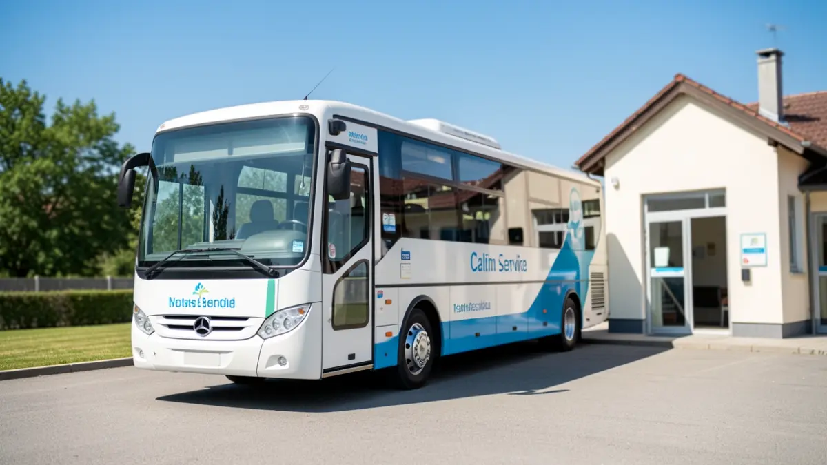 Image générique d'un bus médical stationné près d'un bâtiment de santé, sous un ciel bleu.