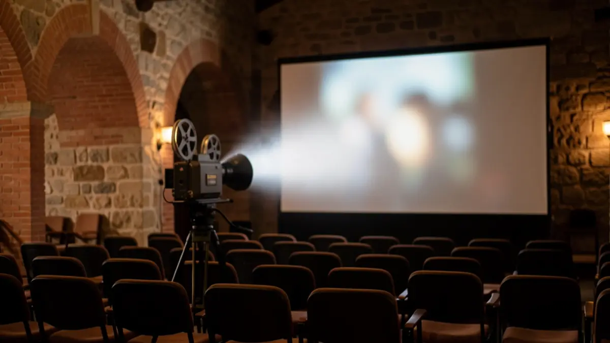 Image générique d'un projecteur de cinéma dans une salle obscure, avec des sièges vides au premier plan. Lumière douce et chaude.