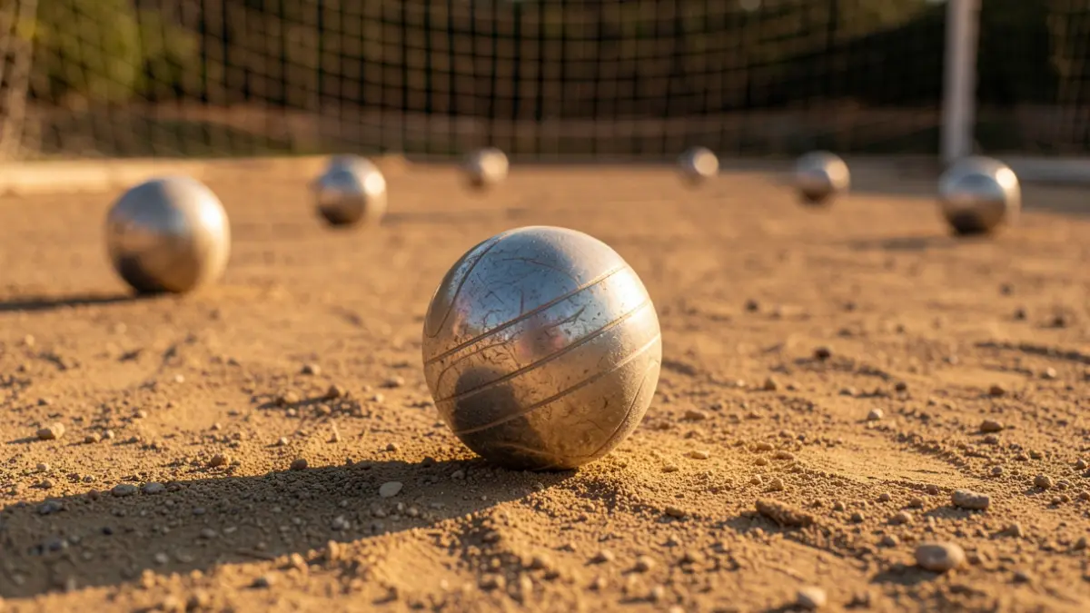 Generic image of pétanque balls on a sandy court, with long shadows cast by late afternoon light.
