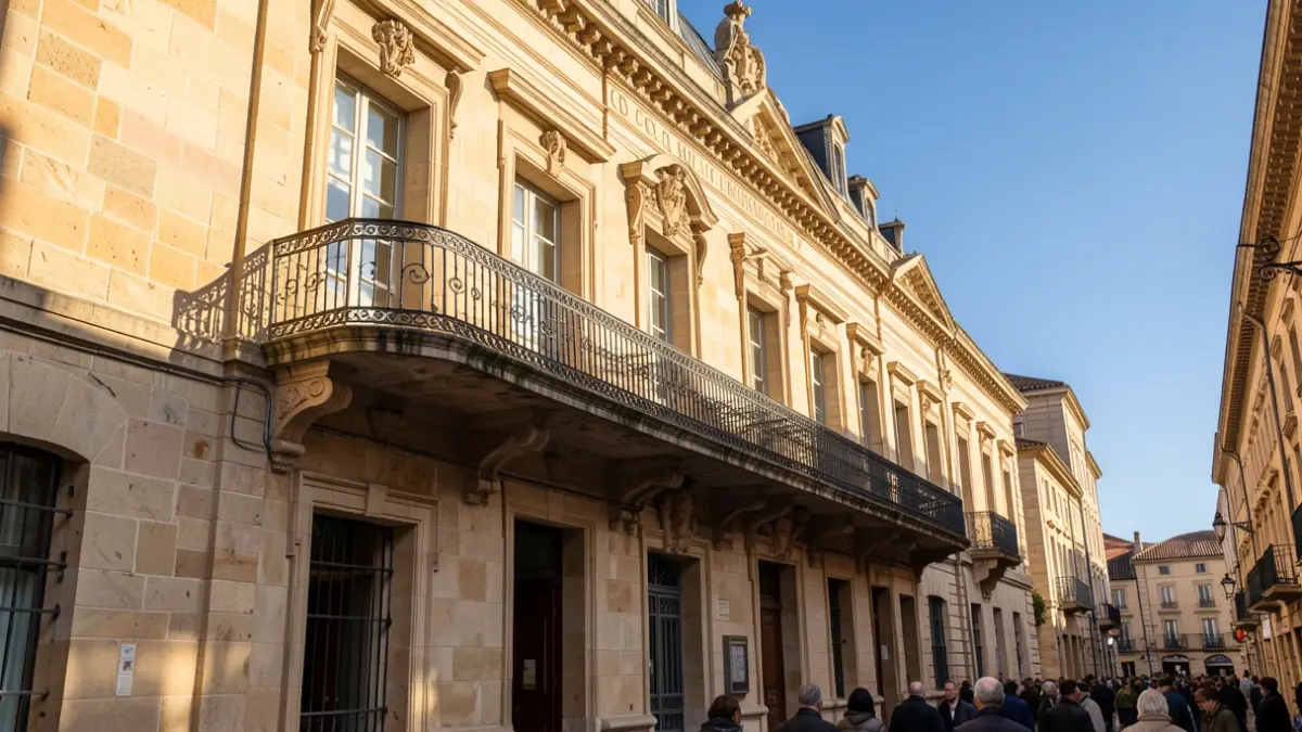 Image générique de la façade d'un bâtiment officiel en pierre du sud de la France, avec un balcon orné et un ciel bleu.