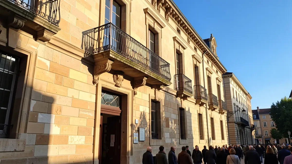 Façade en pierre d'un hôtel de ville d'Occitanie avec balcon orné et rambardes en fer forgé, soleil d'après-midi chaud projetant des ombres sur les murs en grès, ciel bleu.