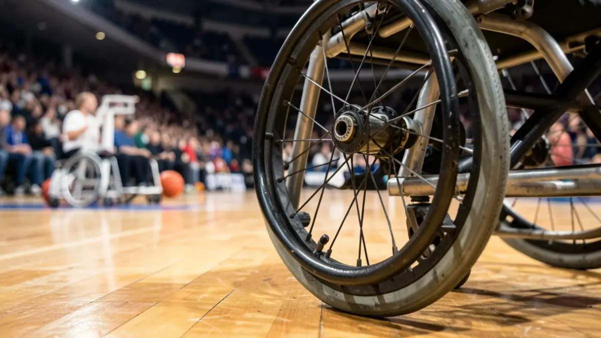 Generic image of a sports wheelchair wheel on a wooden floor.