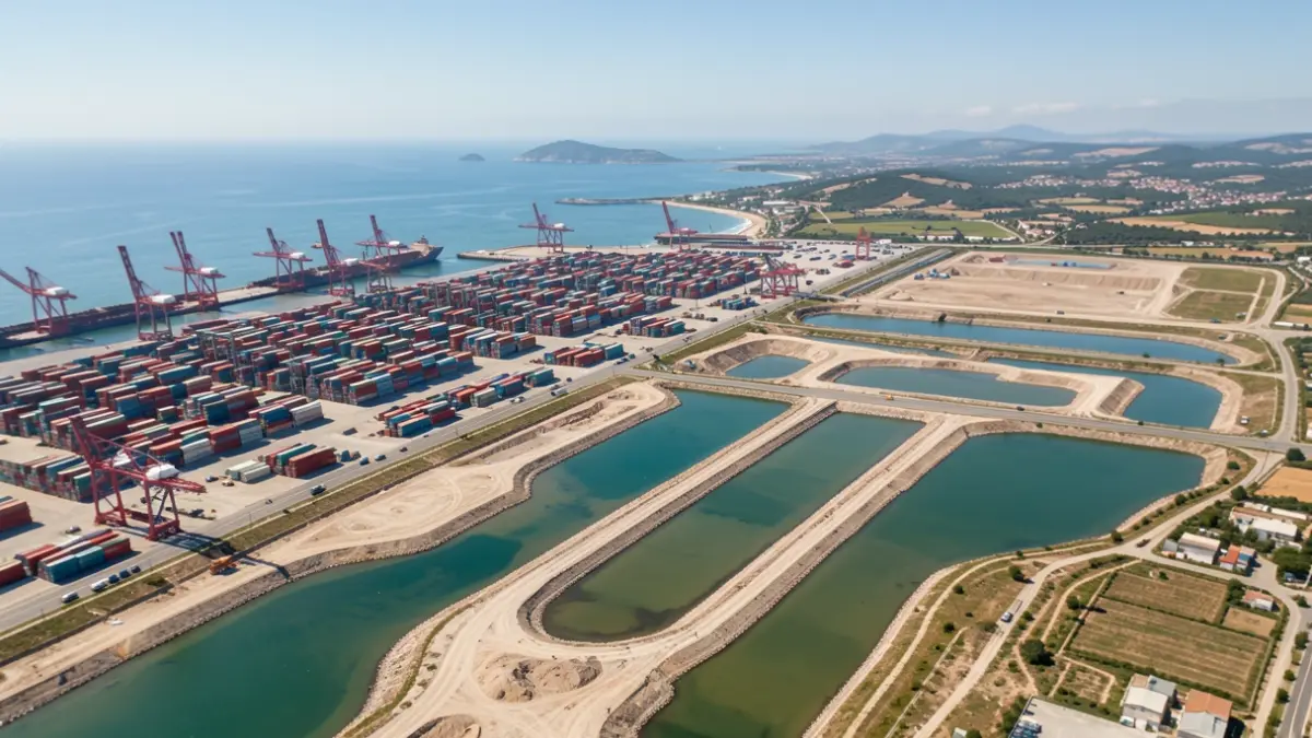 Generic image of an industrial port area undergoing expansion with dikes and landfill.