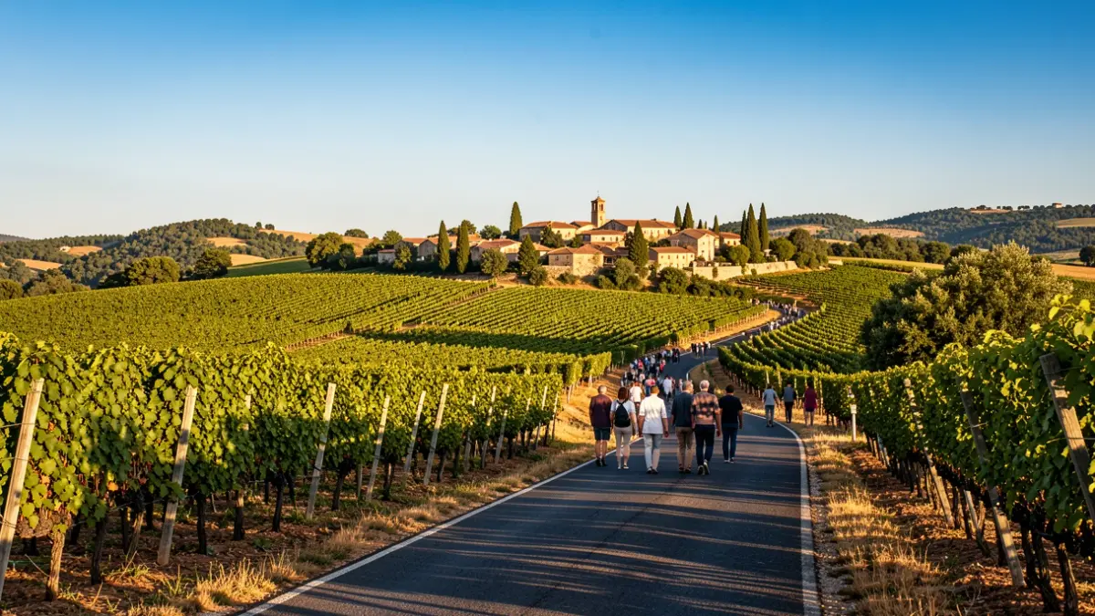 Route pittoresque à travers les vignobles du Gard, Occitanie, sous un ciel bleu.