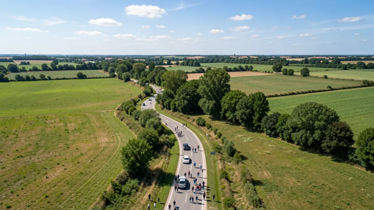 Generic image of a country road in Occitanie, with a few cars, under a blue sky.