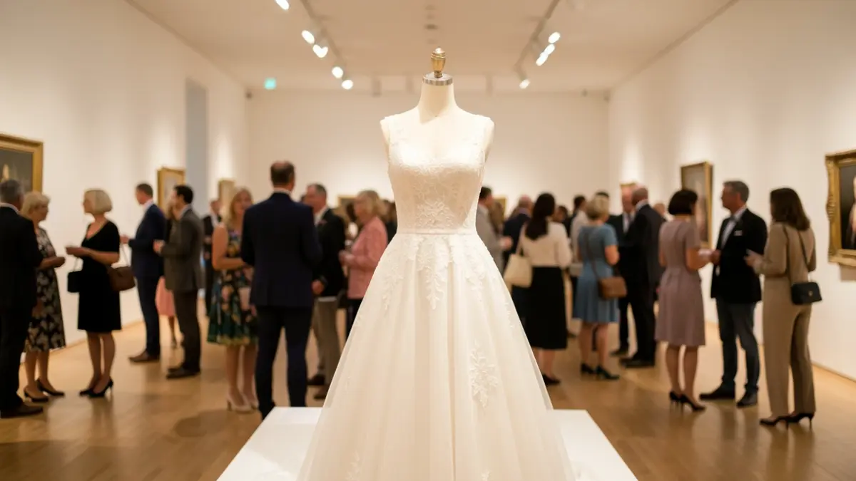 Generic image of a wedding dress on a mannequin in an exhibition hall, with blurred attendees in the background. Soft, romantic lighting.