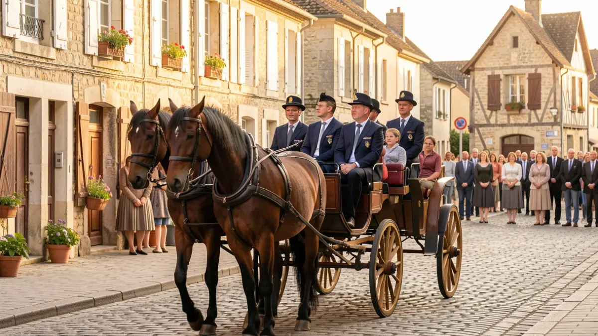 A horse-drawn carriage carrying elected officials and service representatives on a school tour, with a backdrop of a charming French village street, warm afternoon light.