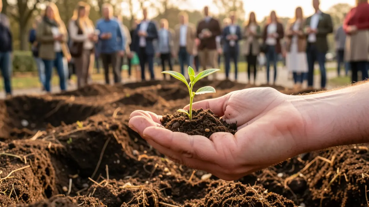 Generic image of hands holding a green seedling against a backdrop of soil and compost, symbolizing sustainable waste management.