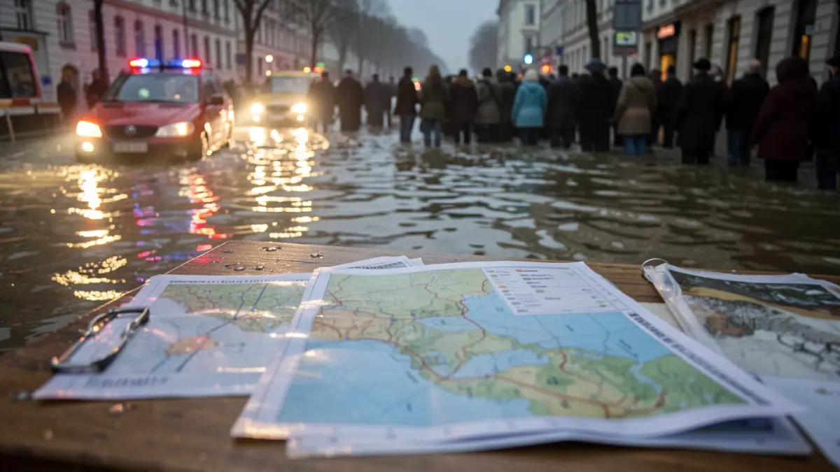 Generic image of a simulated crisis situation during a flood, featuring emergency lights and planning elements.