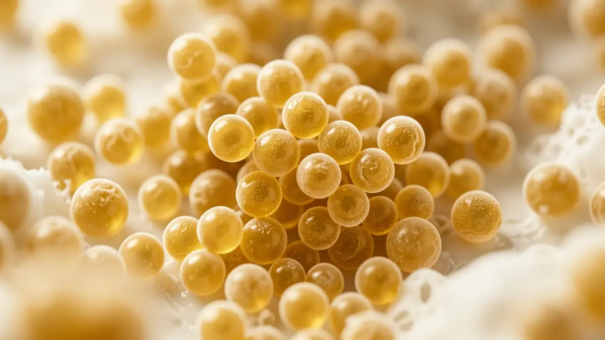 Microscopic close-up of golden Staphylococcus aureus bacteria, surrounded by milk fat globules, with a thicker cell wall.