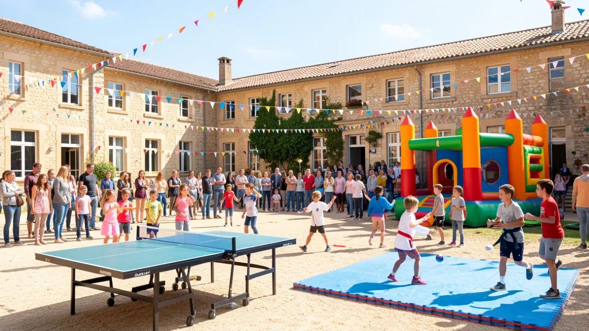 Generic image of sports activities for children and adults in a schoolyard, with festive elements.