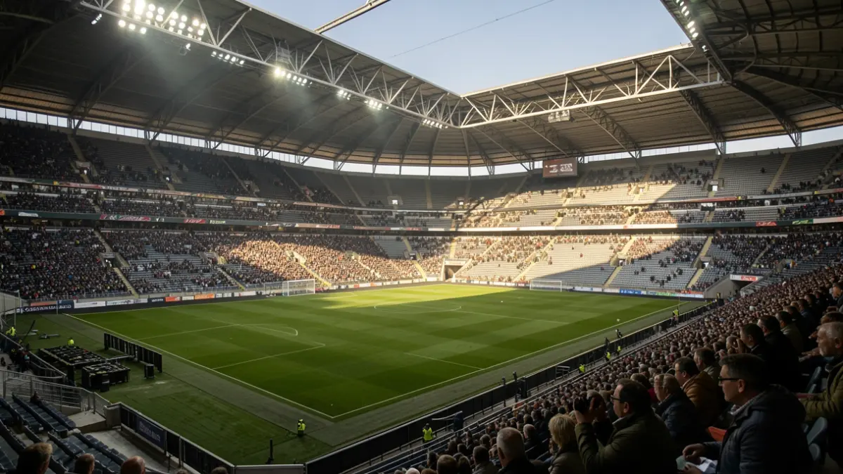 Image générique de l'extérieur d'un stade de football vide, éclairé par des projecteurs, sans aucune personne visible.