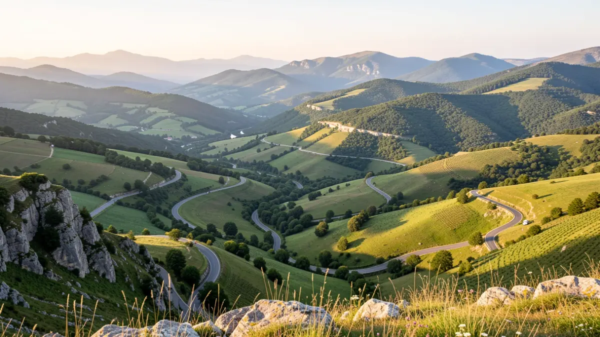 Image générique de paysages montagneux dans les Cévennes, avec des routes sinueuses et des vallées verdoyantes.