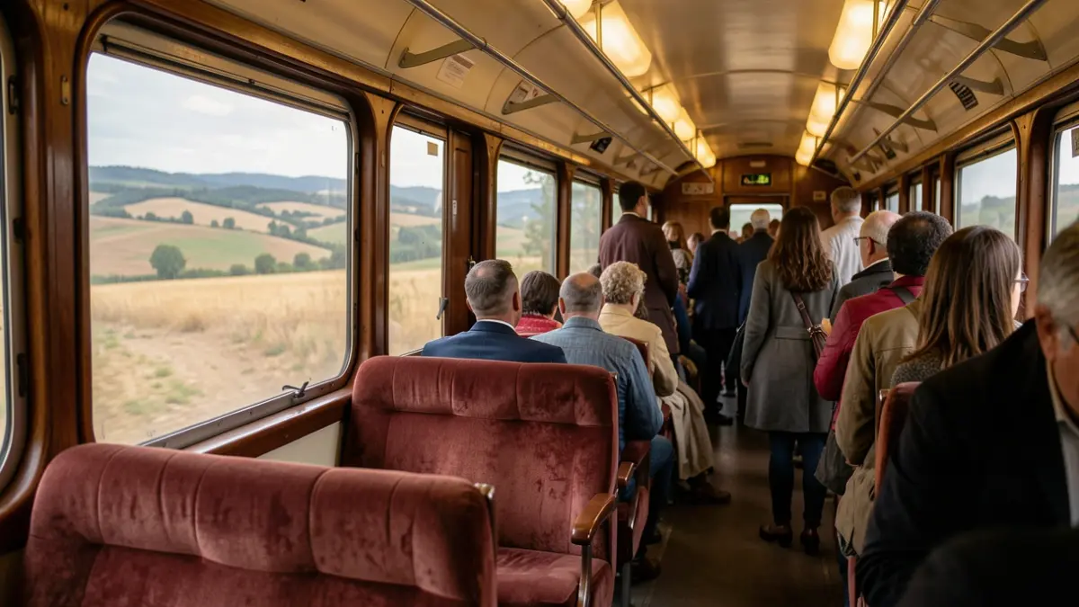 Generic image of a train carriage interior with comfortable seating and large windows showing a blurred landscape of hills and fields in the Occitanie region, warm ambient light.