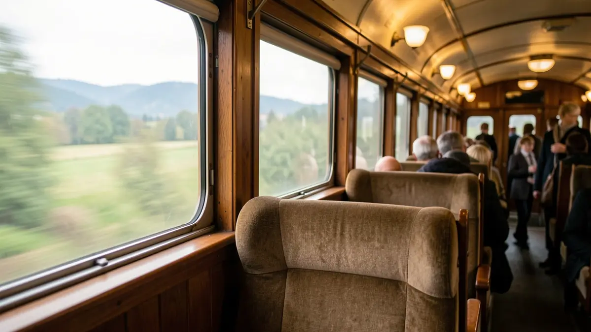 Generic image of the interior of an old train carriage with a blurred view of a landscape through the window.