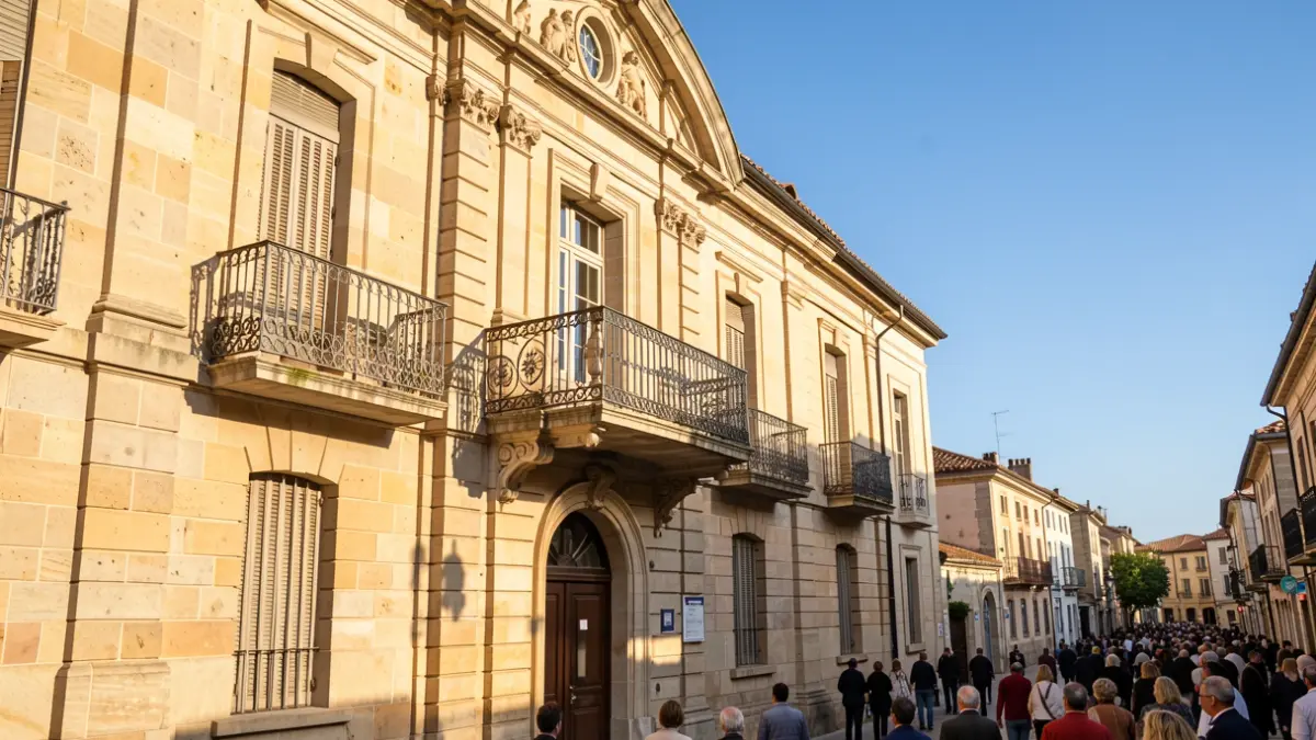 Image générique de la façade d'un bâtiment officiel dans le sud de la France, avec un balcon orné et des barreaux en fer, sous un soleil d'après-midi.