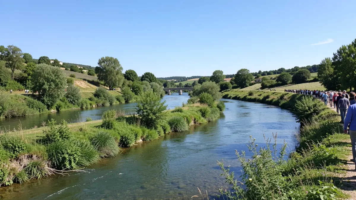 Image générique d'une rivière bordée de végétation et d'un pont en pierre.