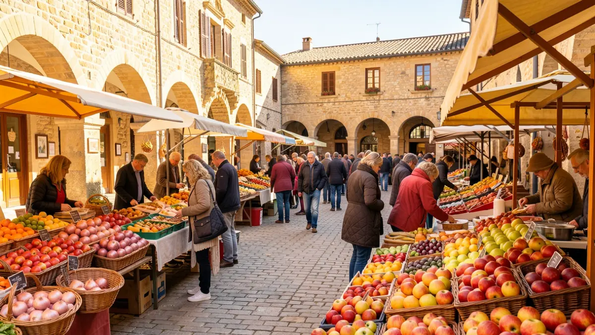 Scène de fête automnale dans un village du sud de la France, avec des étals de produits locaux et des habitants profitant de l'ambiance.