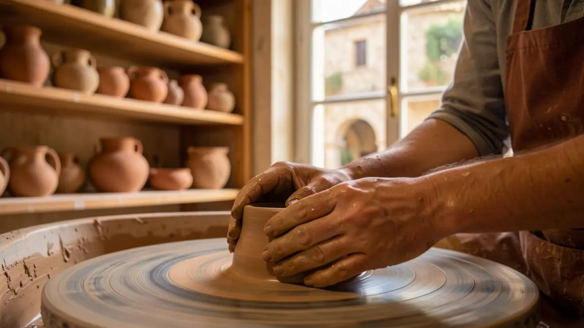 Image générique de mains travaillant l'argile sur un tour de potier dans un atelier.