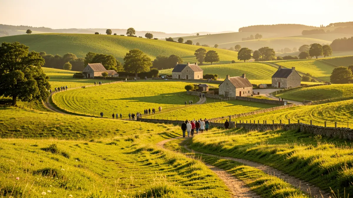 Sun-drenched landscape of the Aubrac region in Occitanie, with green hills and stone farmhouses.