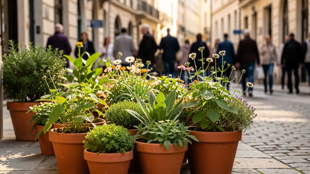 Green plants and flowers in pots on a sidewalk, with blurred building facades in the background.