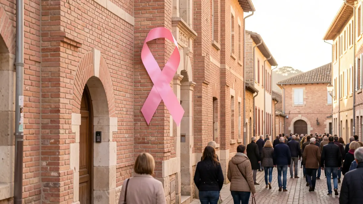 Symbole d'Octobre Rose sur une façade en pierre de Lectoure.