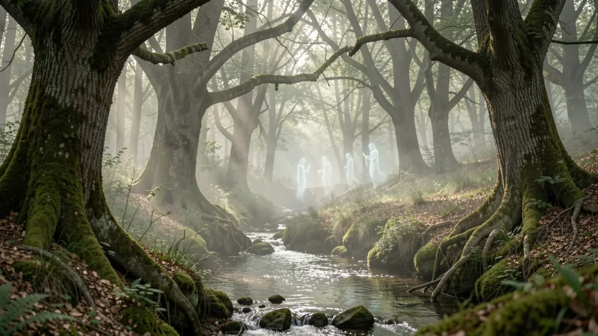 Generic image of a mystical forest with a hidden spring and ethereal figures in the mist, evoking folklore.