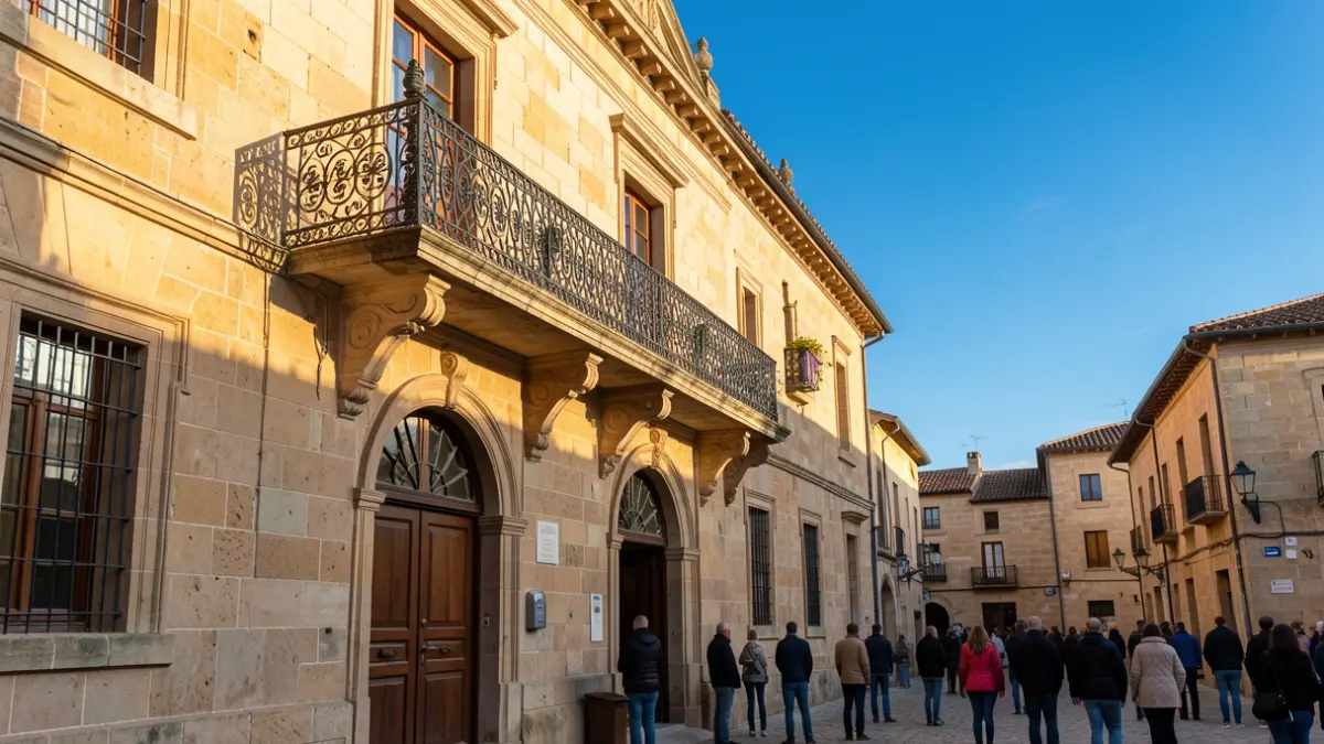 Generic image of a stone municipal building facade with an ornate balcony, under afternoon sunlight.