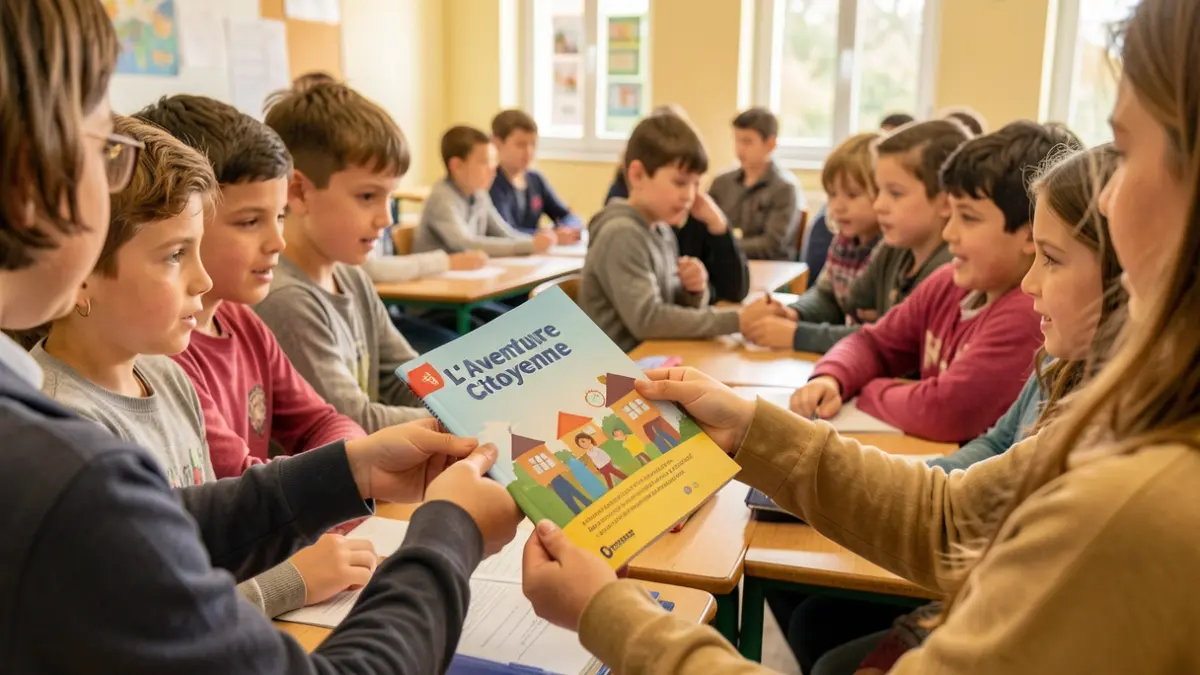 Des enfants reçoivent un livret sur l'aventure citoyenne dans une salle de classe en Occitanie.