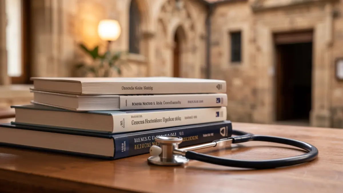 Image générique de livres médicaux et d'un stéthoscope sur un bureau, avec un arrière-plan flou d'architecture régionale d'Occitanie.