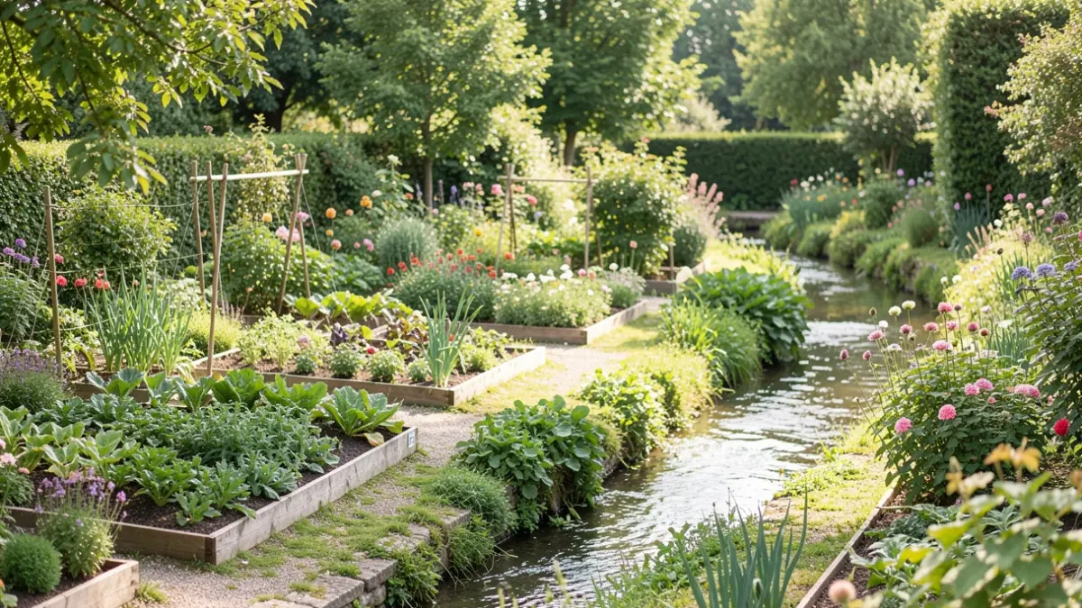 Image générique de jardins partagés bien entretenus avec des parterres de fleurs et de légumes, le long d'un ruisseau.