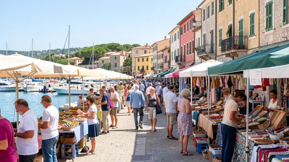 Marché en plein air sur le port de Carnon, avec des stands et des bateaux.