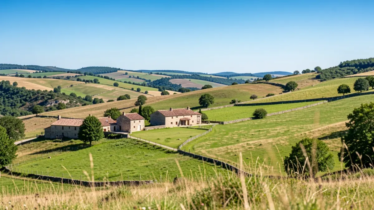 Picturesque landscape of Aubrac in Occitanie with green hills and stone buildings.