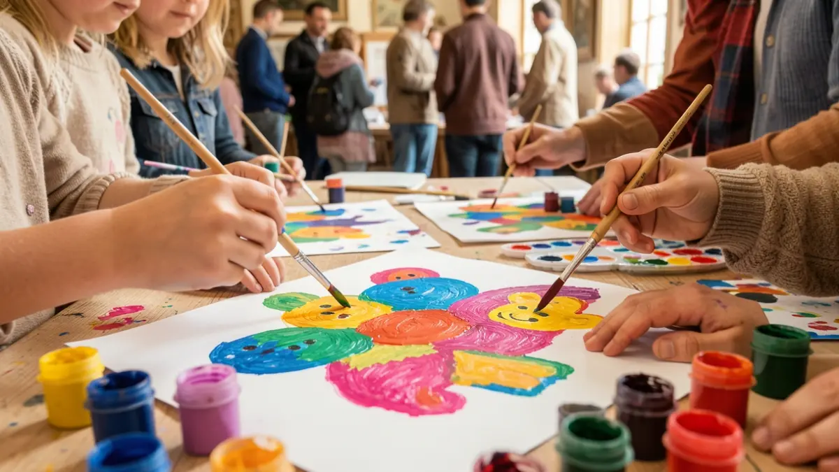 Generic image of children painting colorful bears with brushes.