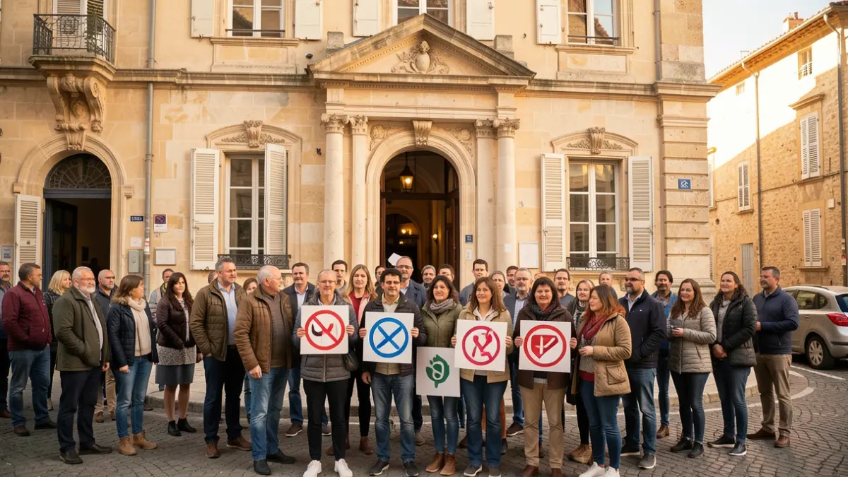 Generic image of a French town hall facade with a small group of diverse people gathered in front, holding signs with generic symbols of solidarity, warm afternoon light, Southern France architecture.