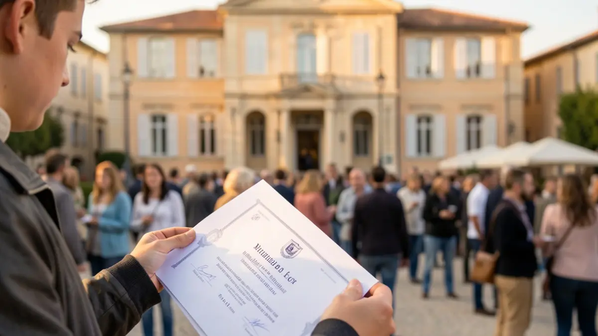Image générique de mains tenant un diplôme devant une mairie.