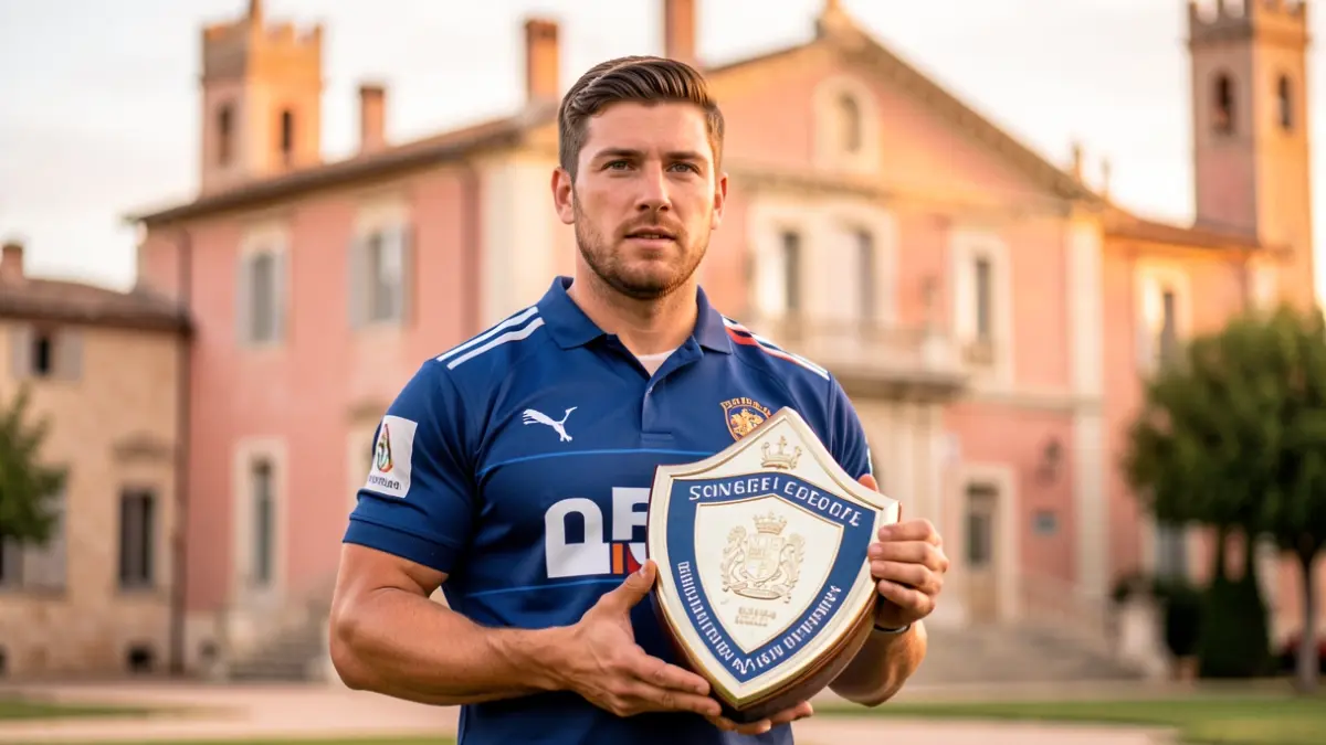 Joueur de rugby tenant un bouclier souvenir devant la mairie de Leucate.