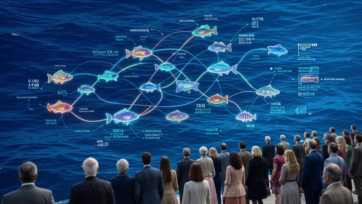 Image générique représentant une intelligence artificielle prédisant des communautés de poissons récifaux avec des icônes d'espèces et des données environnementales.