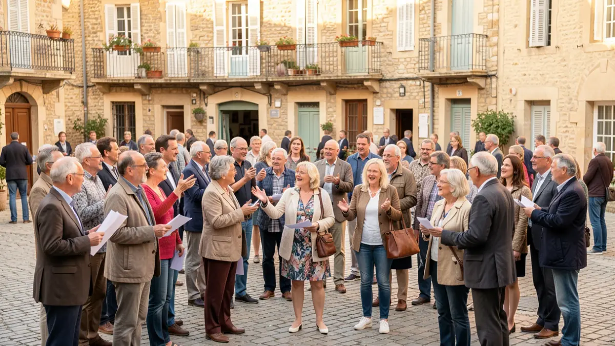 Image générique de citoyens participant à une réunion de quartier dans un village du sud de la France.