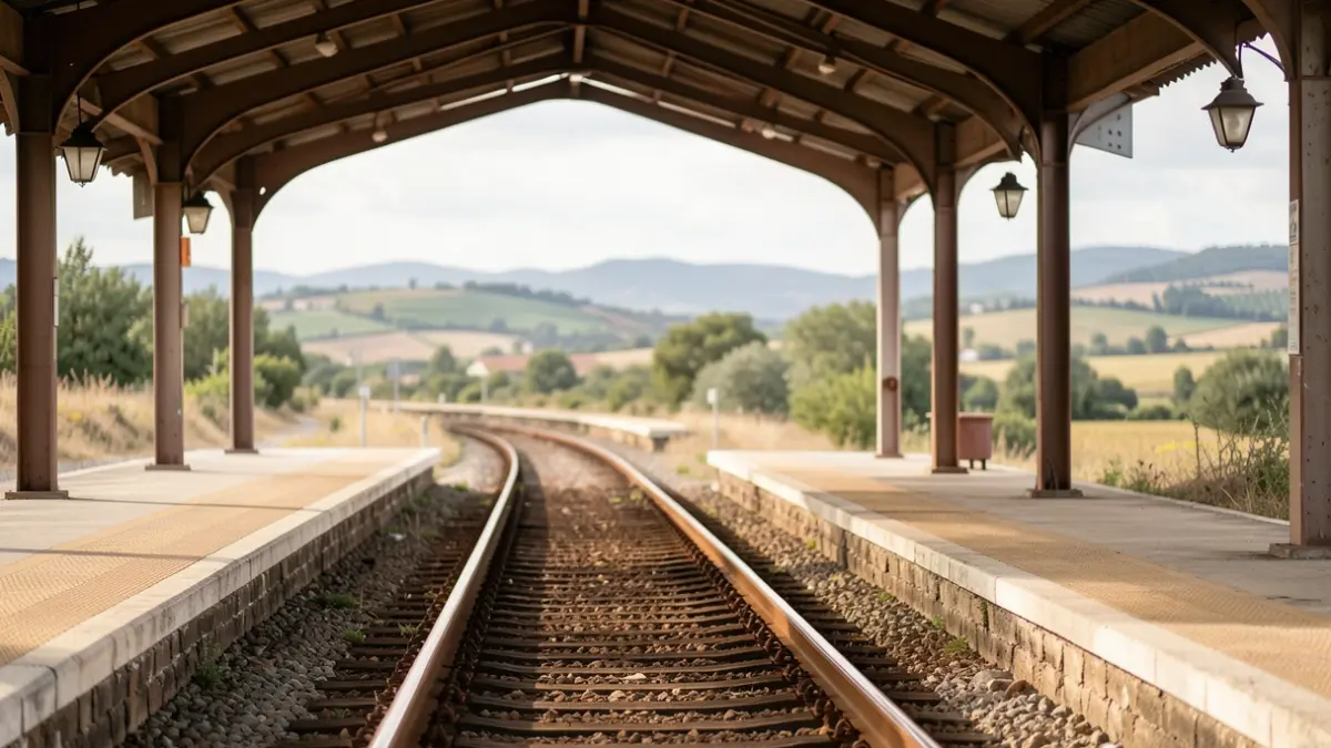Image générique de voie ferrée et de quai de gare, lumière du jour douce, sans train ni texte visible.