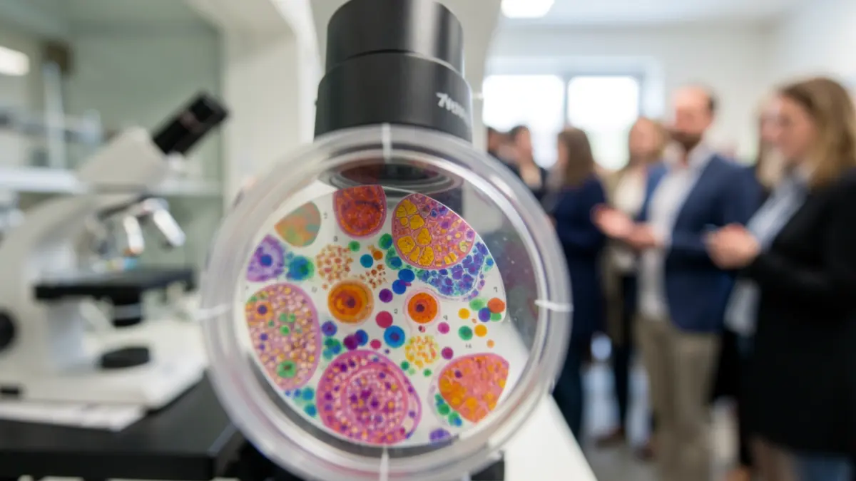Gros plan d'une lame de microscope avec des cellules colorées et des structures tissulaires, représentant la recherche omique spatiale. Équipement de laboratoire flou en arrière-plan, éclairage doux et focalisé.