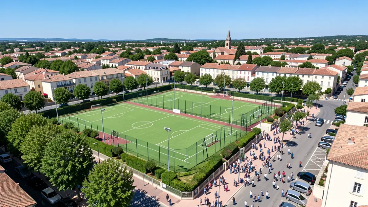 Aerial view of a sports facility development project in Lodève, showing the land area and landscaping.