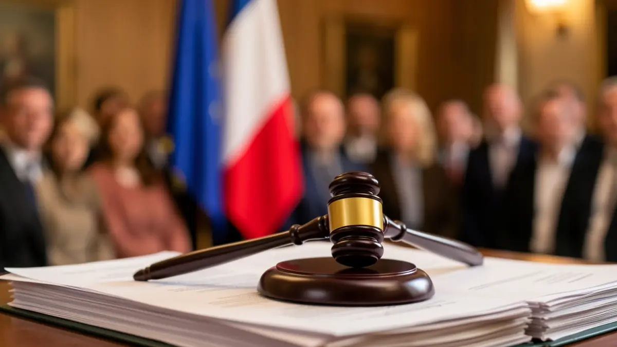 Generic image of a judge's gavel on official documents, with a blurred French flag in the background.