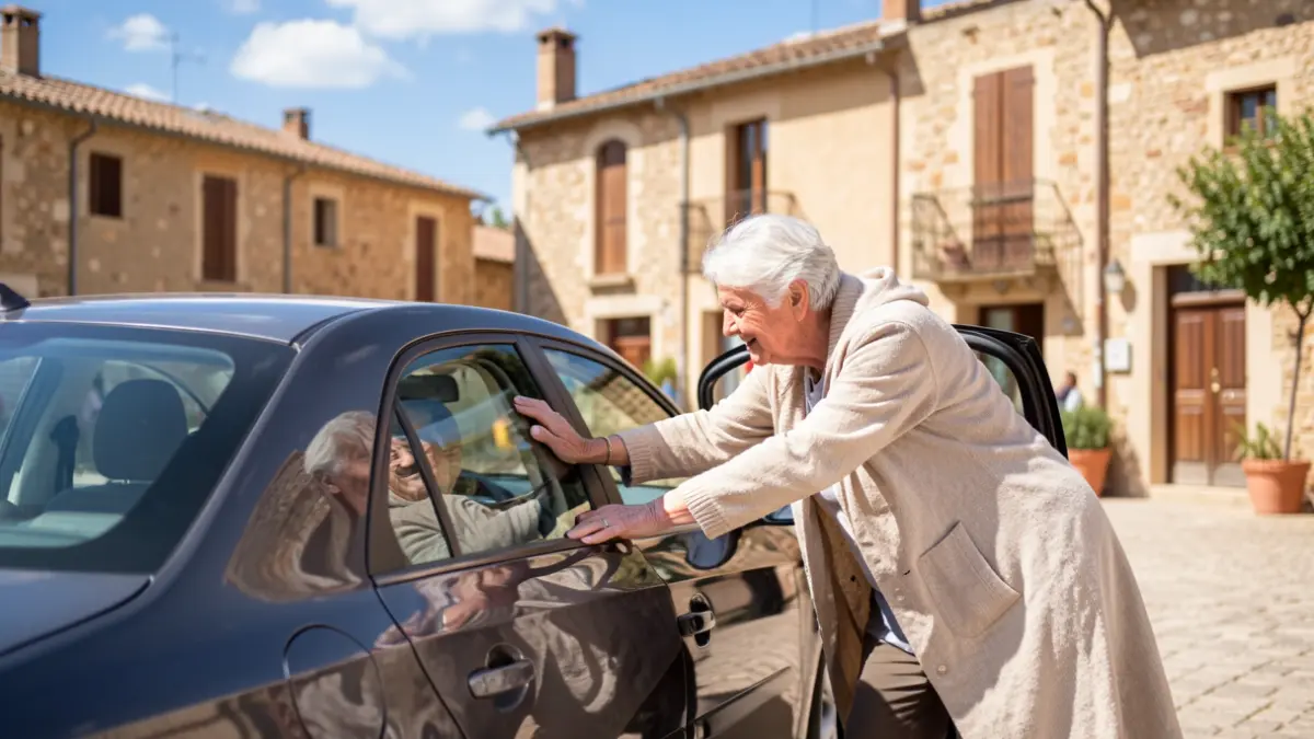 Un bénévole aide une personne âgée à monter dans une voiture pour un rendez-vous médical à Longages.
