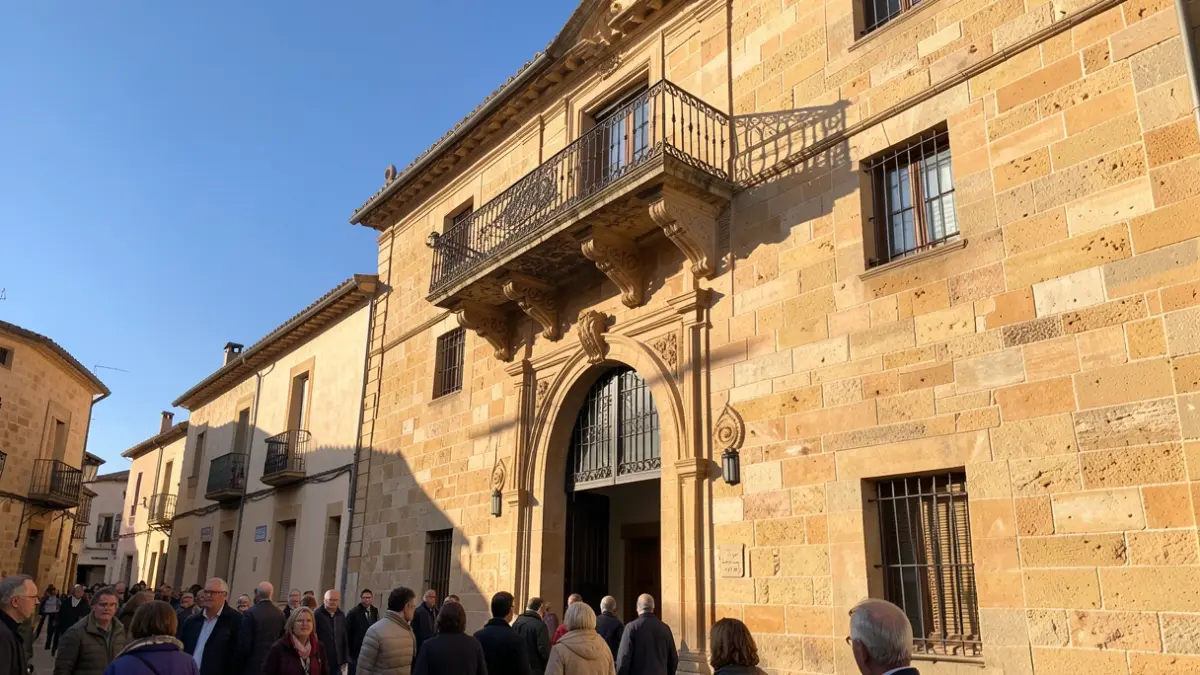 Image générique de la façade d'une mairie en pierre avec balcon et balustrade en fer forgé, sous un soleil d'après-midi.