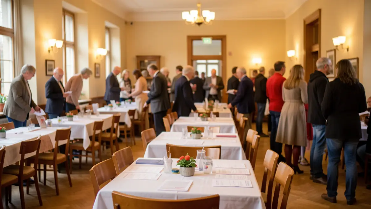 Image générique d'une salle communautaire avec des tables dressées pour un loto, ambiance chaleureuse et conviviale.
