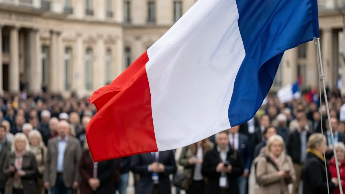 Image générique d'un drapeau français agitant au vent, avec une foule floue et une architecture classique en arrière-plan.