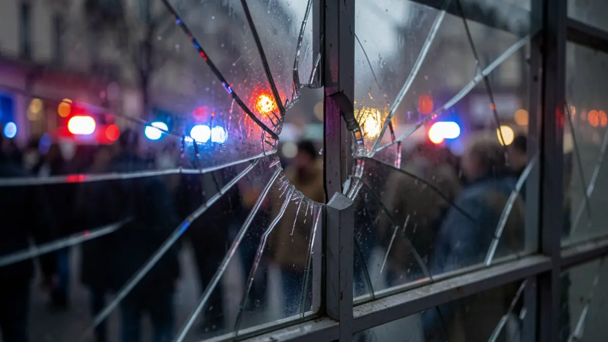 Image générique de vitres brisées avec des lumières d'urgence floues en arrière-plan, symbolisant la violence urbaine.