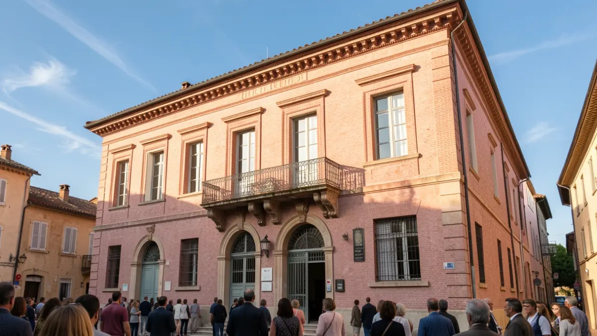 Image générique de la façade d'un hôtel de ville en brique rose du sud de la France, avec balcon et balustrade en fer forgé, sous un soleil d'après-midi.