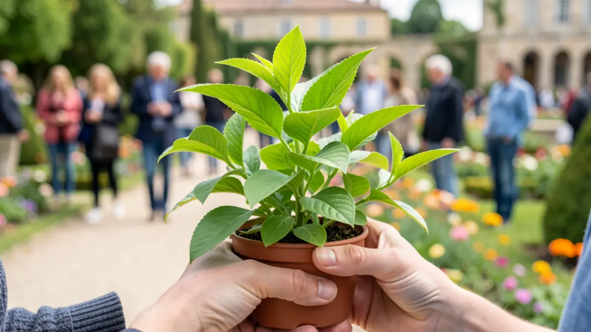 Image générique de mains tenant une plante verte dans un jardin public, lumière naturelle douce.